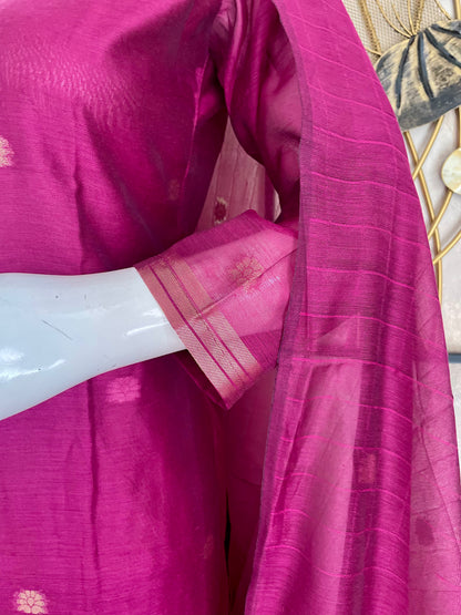 Dewy Bloom Rani Pink Muga Silk Jaamdani  Suit Set
