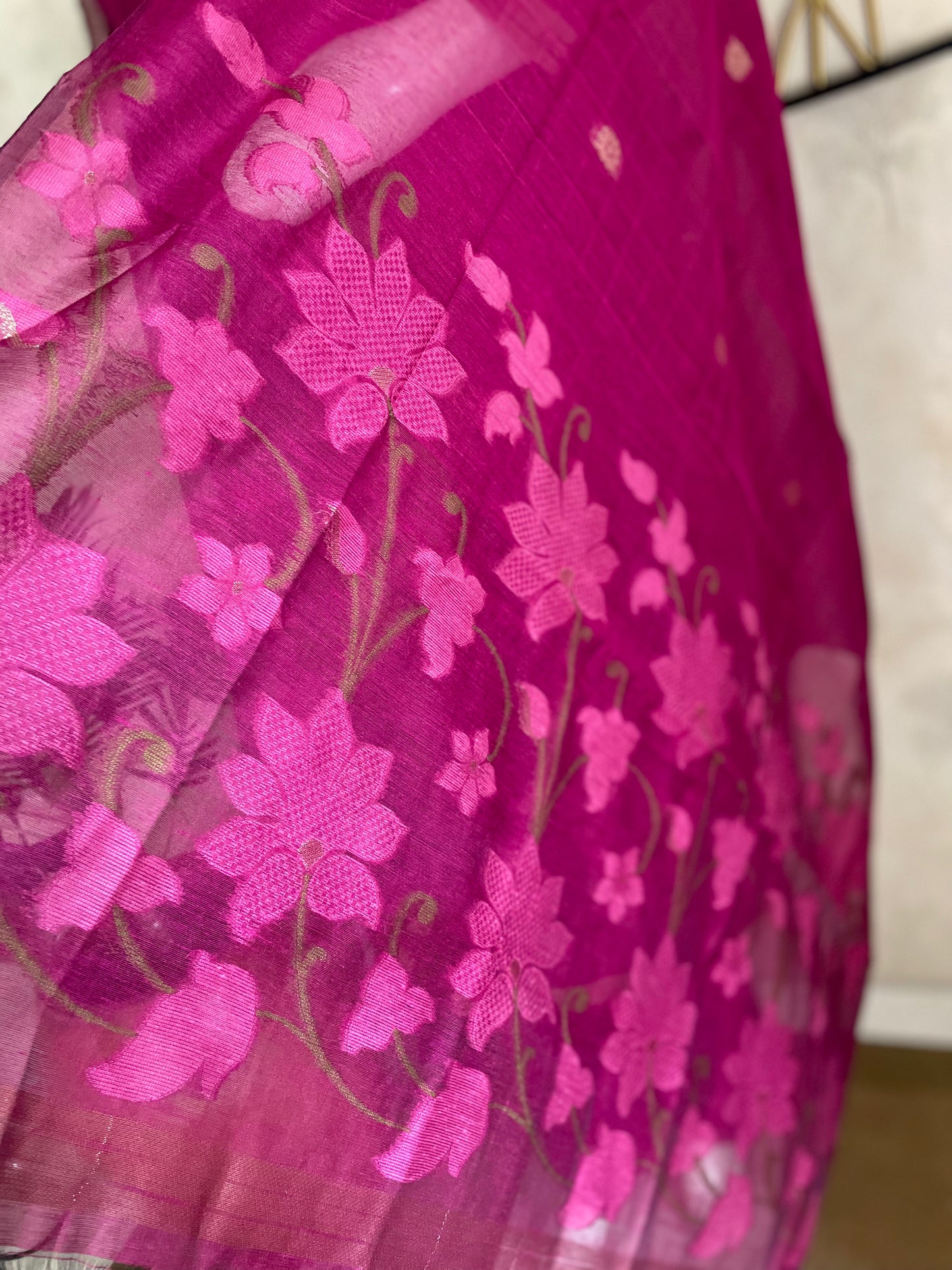Dewy Bloom Rani Pink Muga Silk Jaamdani  Suit Set