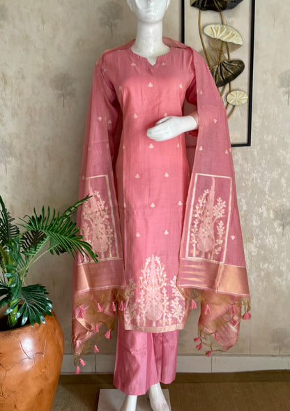 Elysian Weaves Pink Jamdani Muga Silk Suit Set