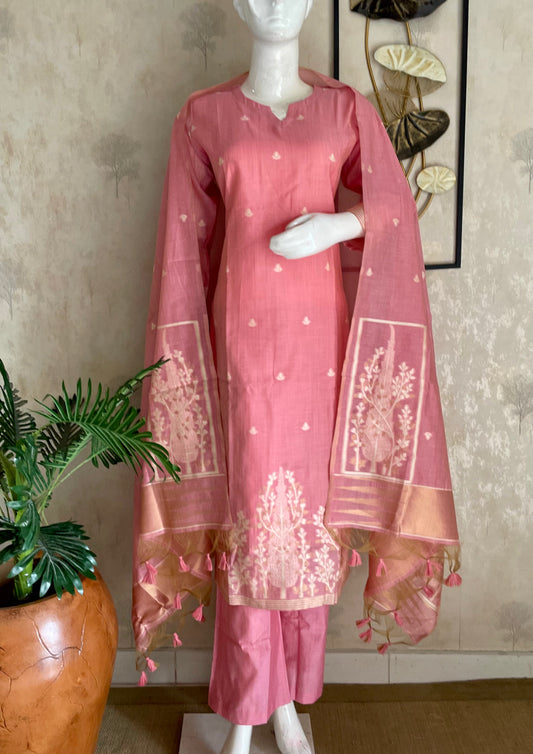 Elysian Weaves Pink Jamdani Muga Silk Suit Set