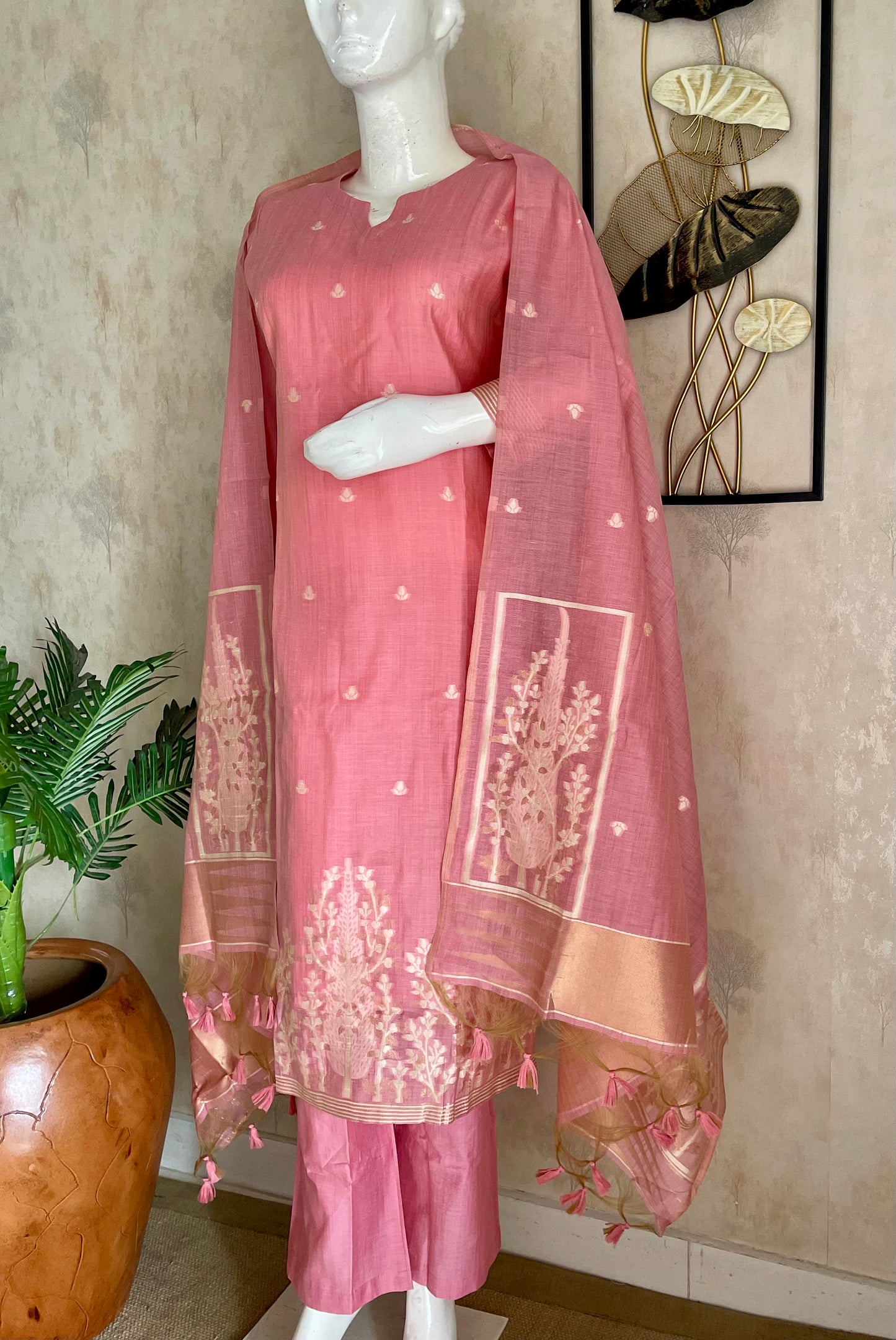 Elysian Weaves Pink Jamdani Muga Silk Suit Set