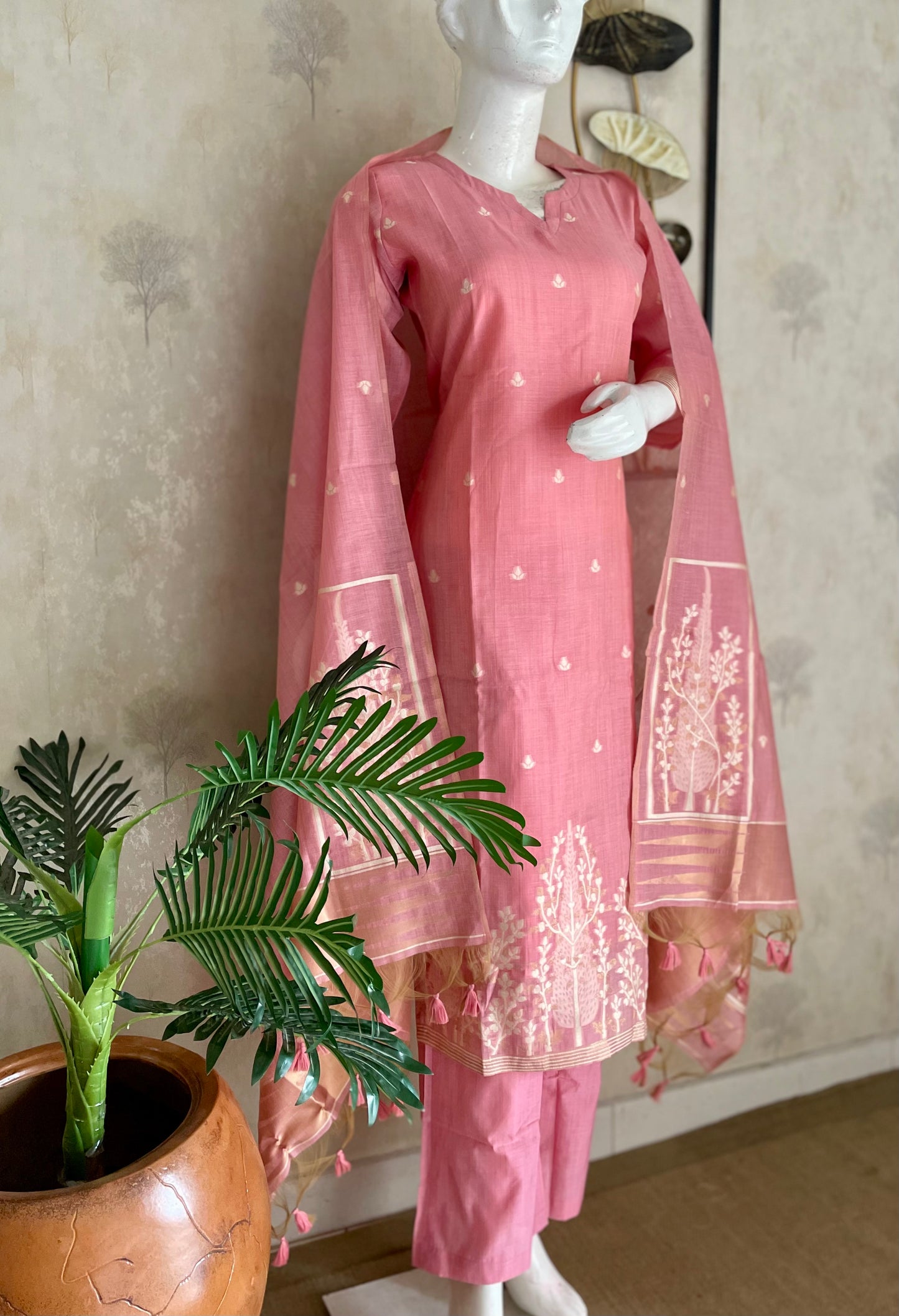 Elysian Weaves Pink Jamdani Muga Silk Suit Set