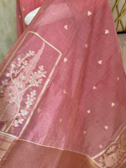 Elysian Weaves Pink Jamdani Muga Silk Suit Set