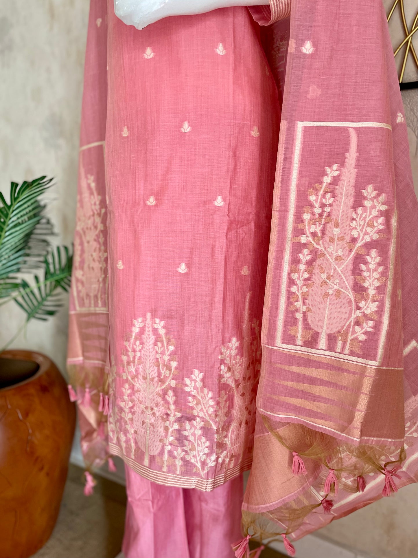Elysian Weaves Pink Jamdani Muga Silk Suit Set