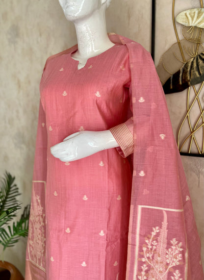 Elysian Weaves Pink Jamdani Muga Silk Suit Set