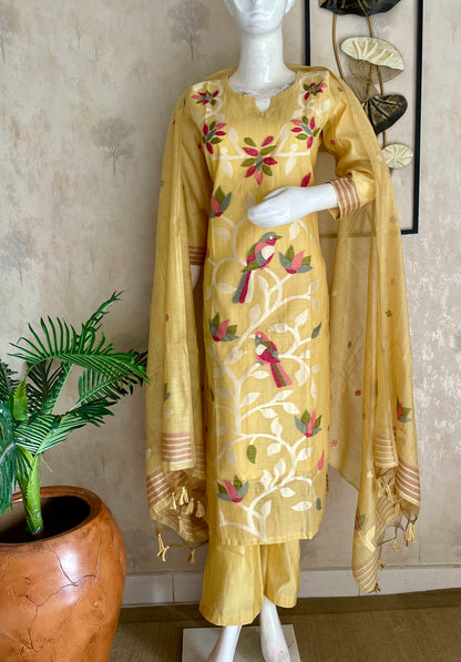 Floral Hush Yellow Muga Silk Suit Set