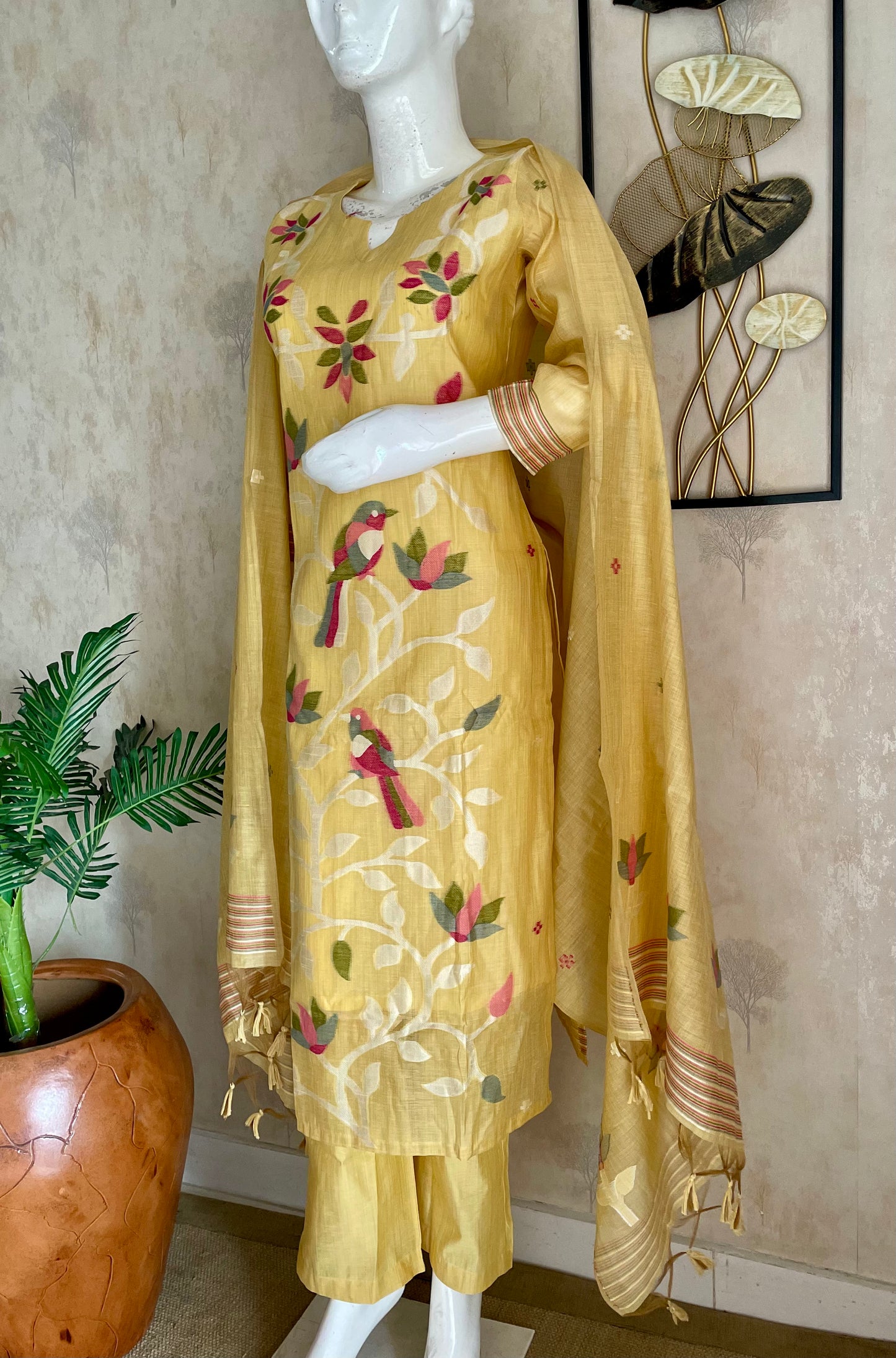 Floral Hush Yellow Muga Silk Suit Set