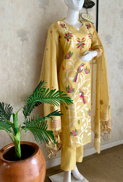 Floral Hush Yellow Muga Silk Suit Set