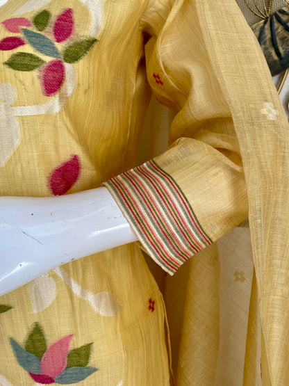 Floral Hush Yellow Muga Silk Suit Set