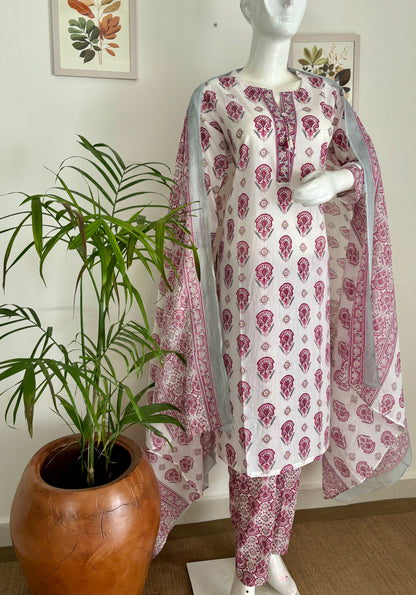 A Match Made in Print Heaven White & Pink Handblock Kurta Set