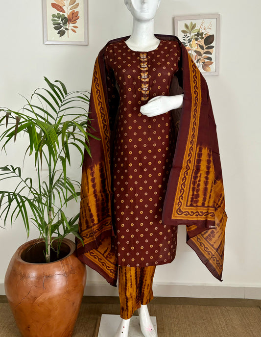 A Swirling Symphony Brown & Kesari Orange Bandhani Silk Kurta Set