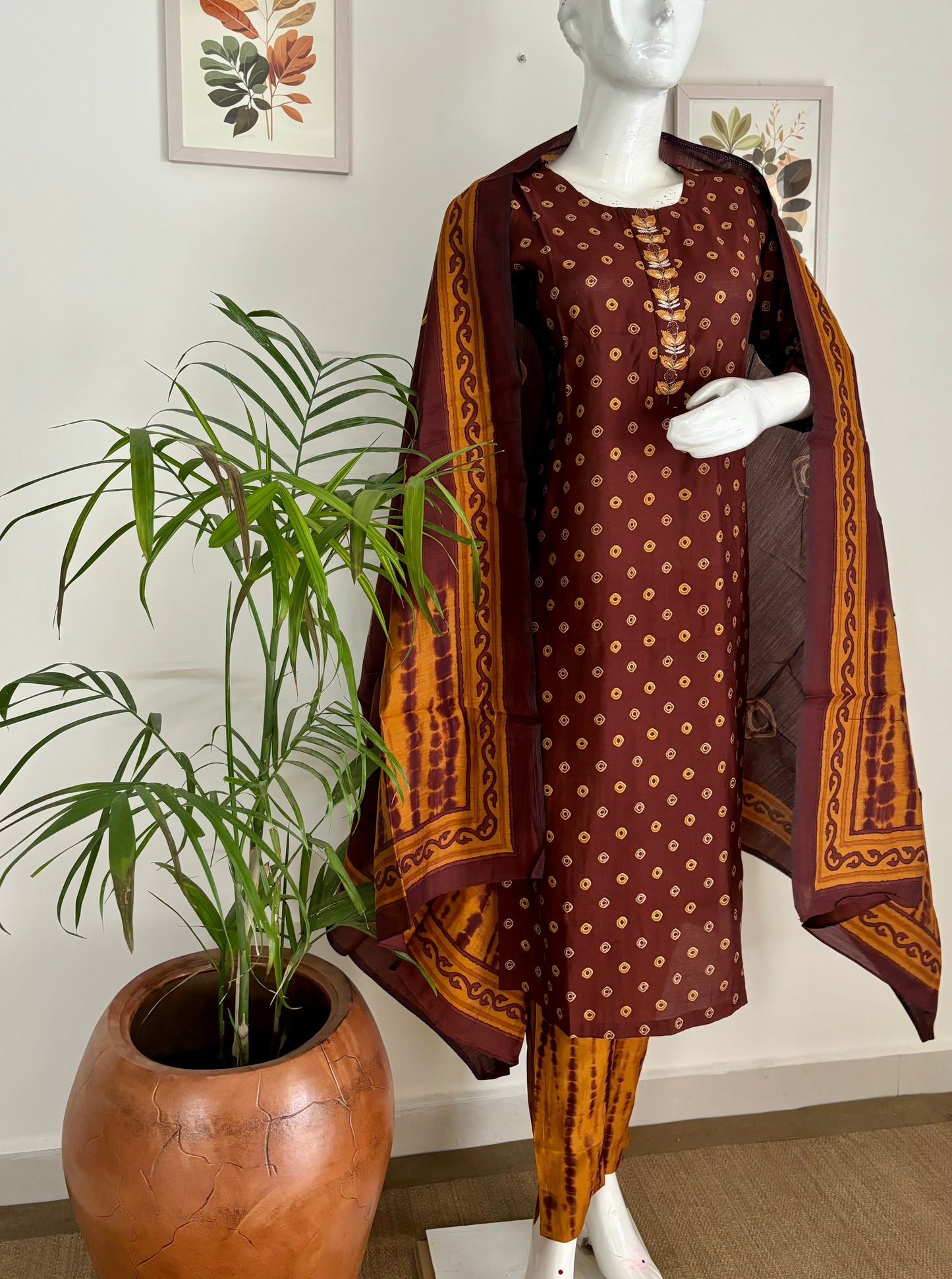 A Swirling Symphony Brown & Kesari Orange Bandhani Silk Kurta Set