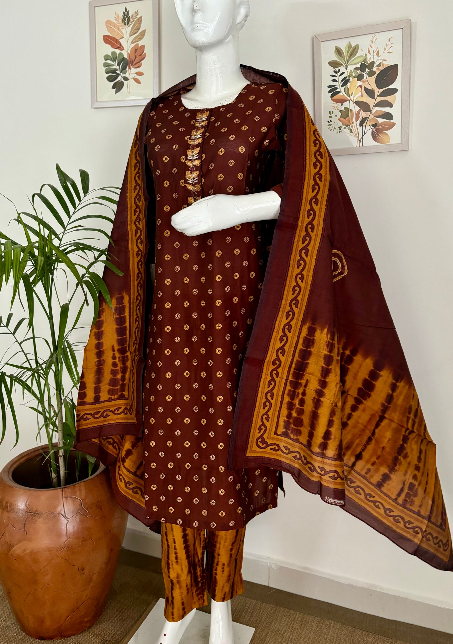 A Swirling Symphony Brown & Kesari Orange Bandhani Silk Kurta Set