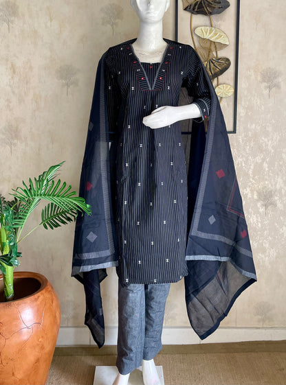Silver Mist Grey Striped Handloom Cotton Suit Set