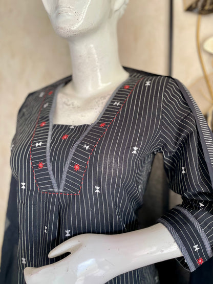 Silver Mist Grey Striped Handloom Cotton Suit Set