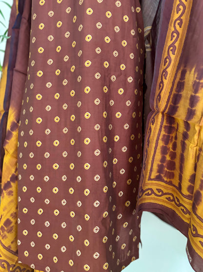 A Swirling Symphony Brown & Kesari Orange Bandhani Silk Kurta Set