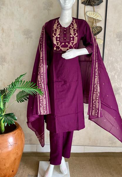 Regal Bloom Purple Handloom Cotton Suit Set