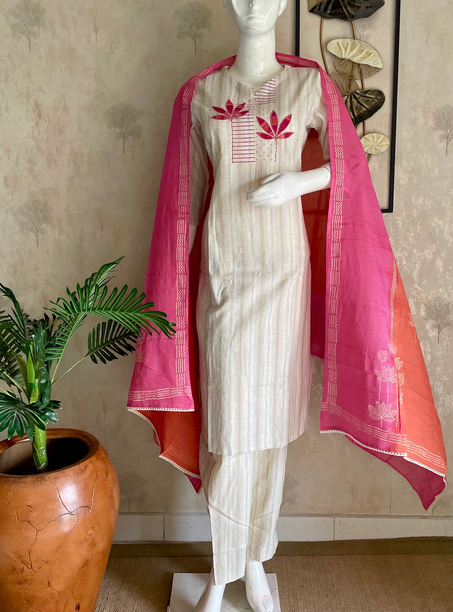 Grace Off-White Handloom Cotton Suit Set with Appliqué Work