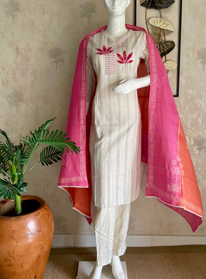 Grace Off-White Handloom Cotton Suit Set with Appliqué Work