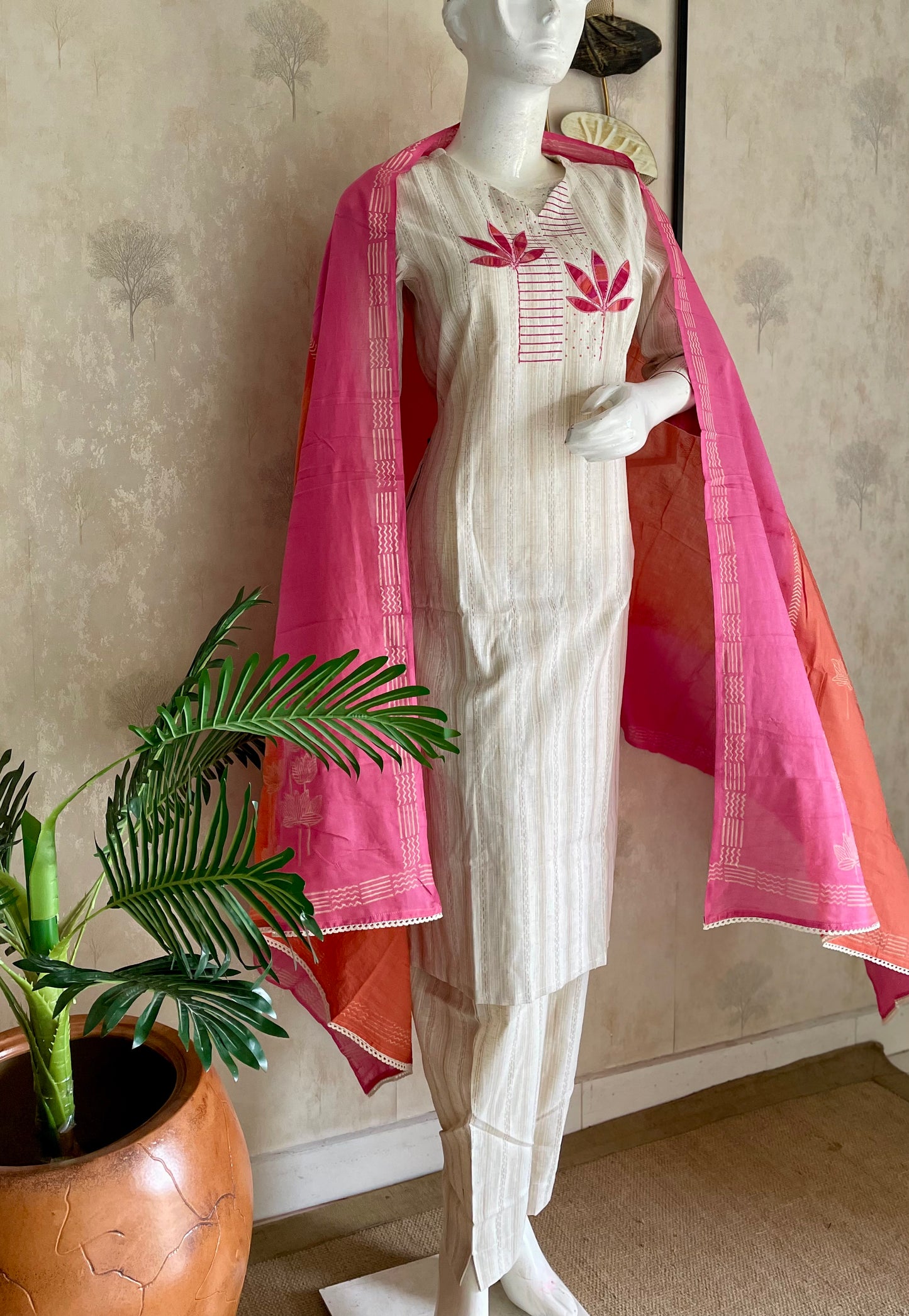 Grace Off-White Handloom Cotton Suit Set with Appliqué Work
