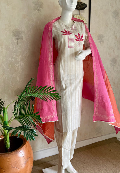 Grace Off-White Handloom Cotton Suit Set with Appliqué Work