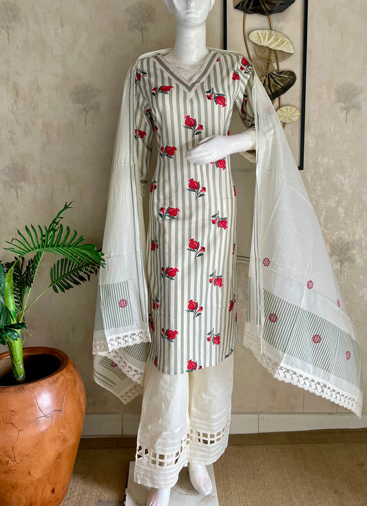 Ivory Bloom Off-White Striped Handloom Cotton Suit Set