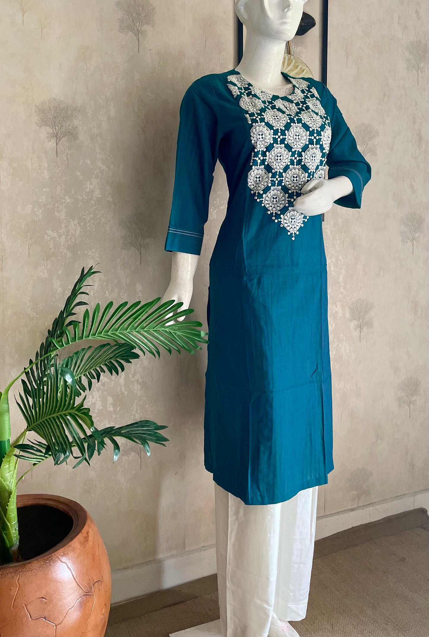 Teal Symphony Handloom Cotton Kurta Set