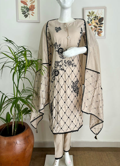 Beige Beauty Silk Kurta with Black Embroidery Set