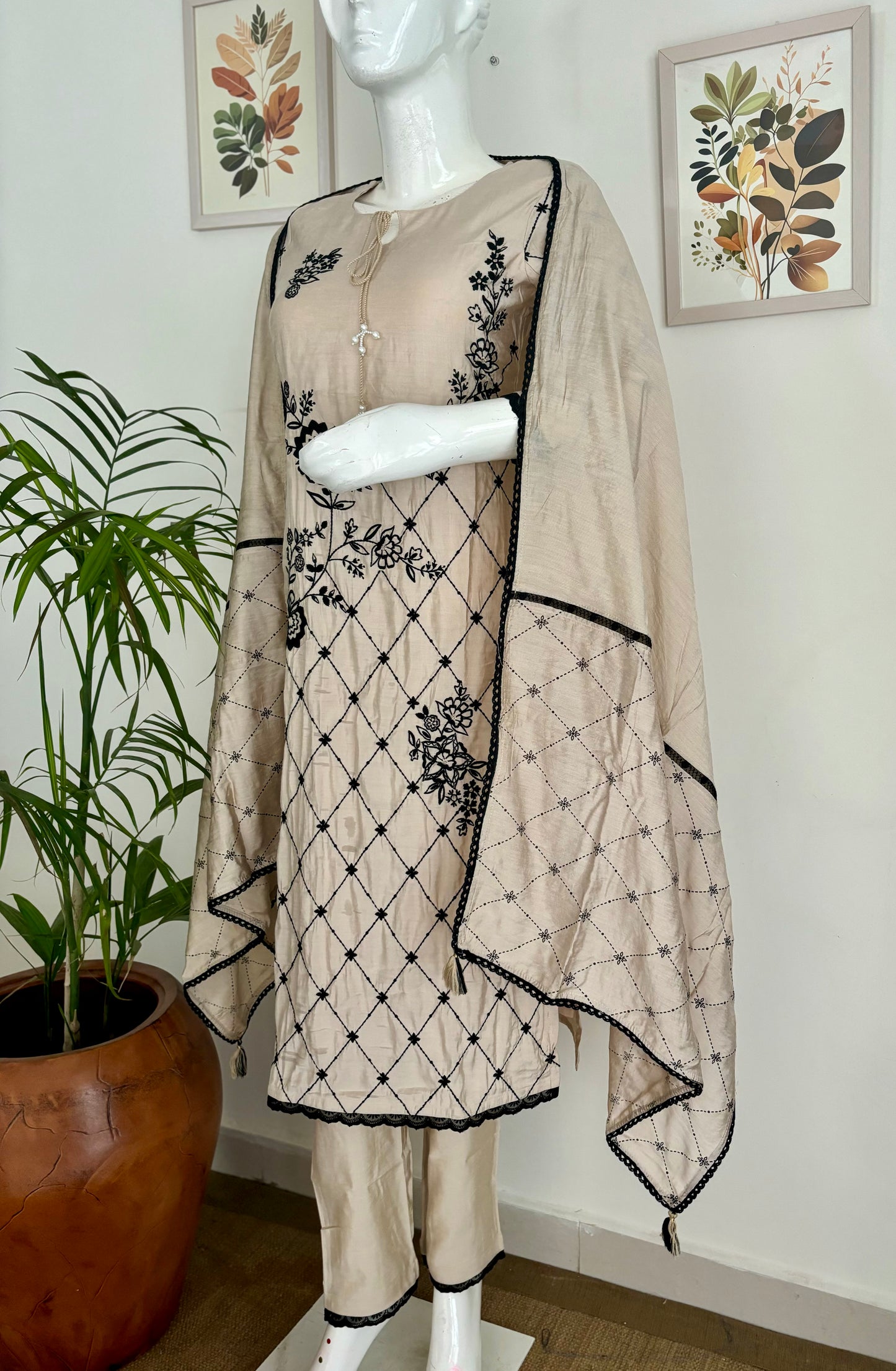 Beige Beauty Silk Kurta with Black Embroidery Set