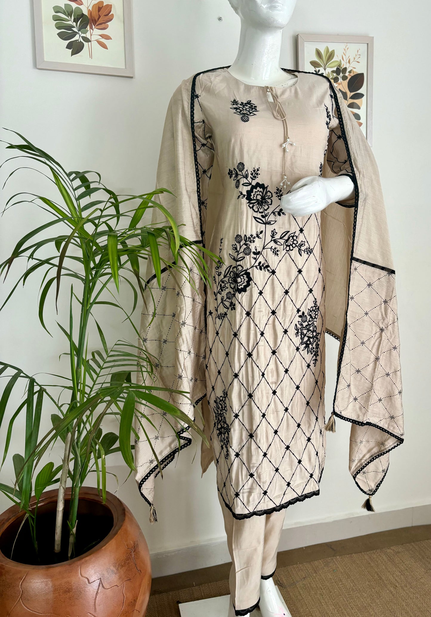 Beige Beauty Silk Kurta with Black Embroidery Set