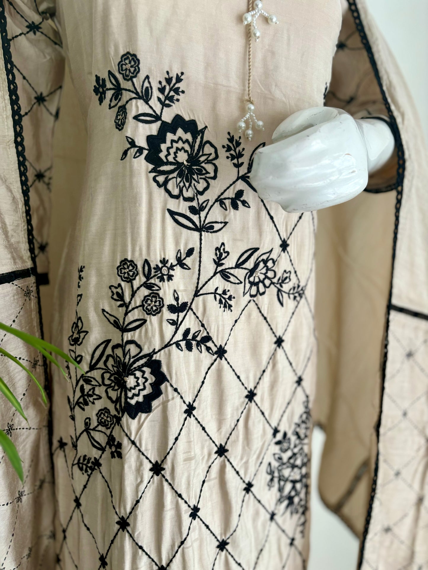 Beige Beauty Silk Kurta with Black Embroidery Set