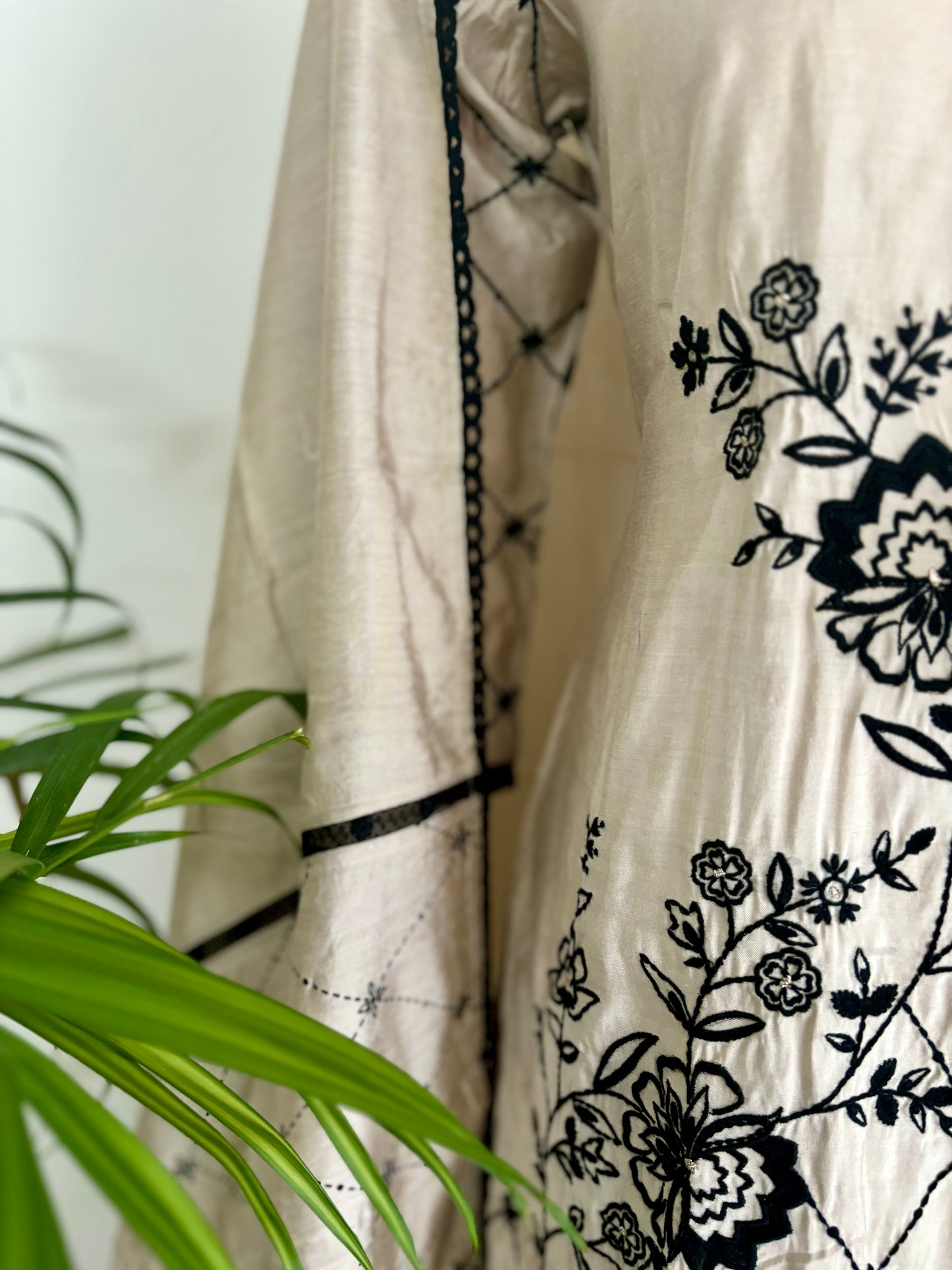 Beige Beauty Silk Kurta with Black Embroidery Set