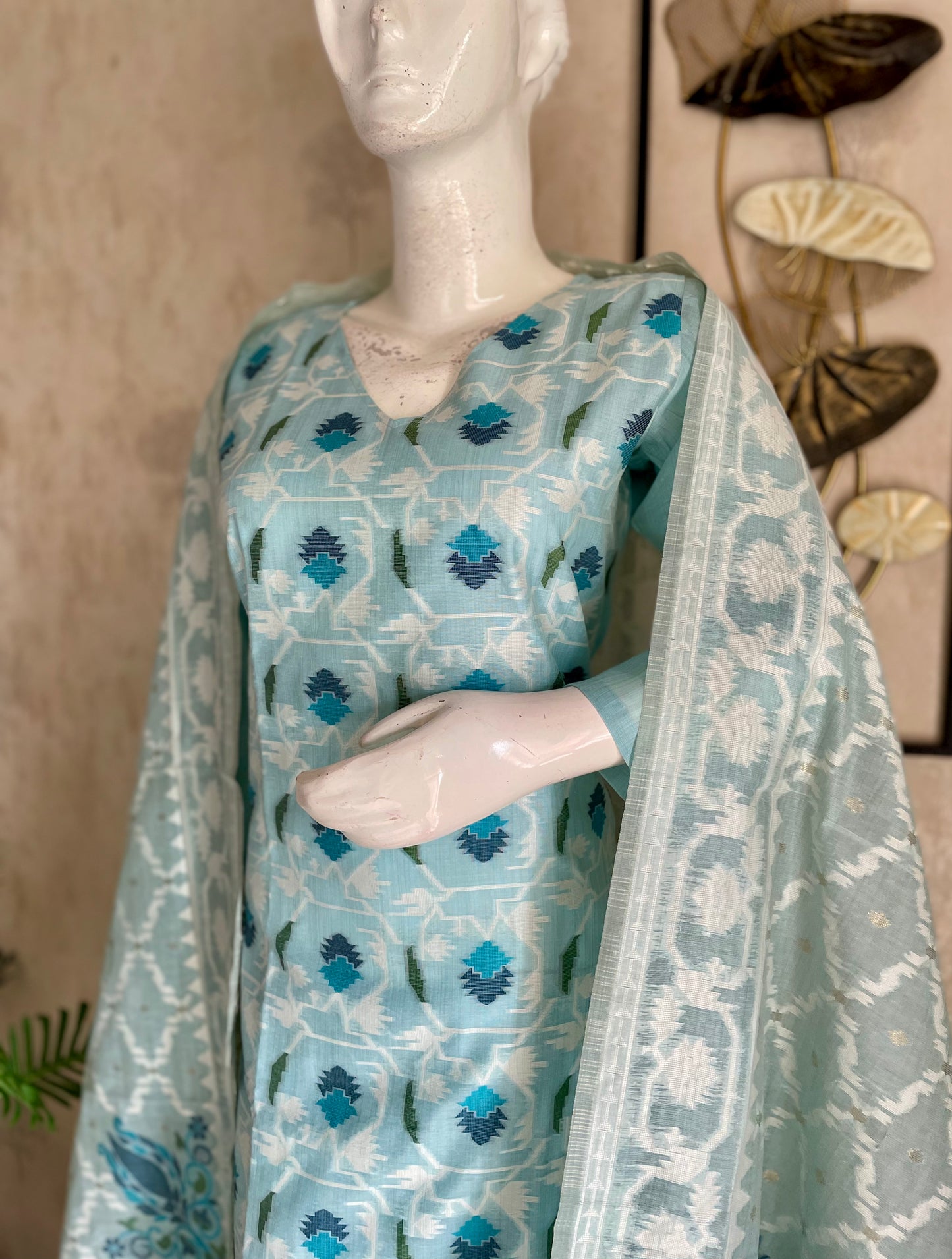 Veloura Sky Blue Muga Cotton Kurta Suit Set