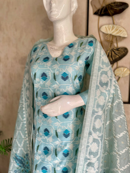 Veloura Sky Blue Muga Cotton Kurta Suit Set