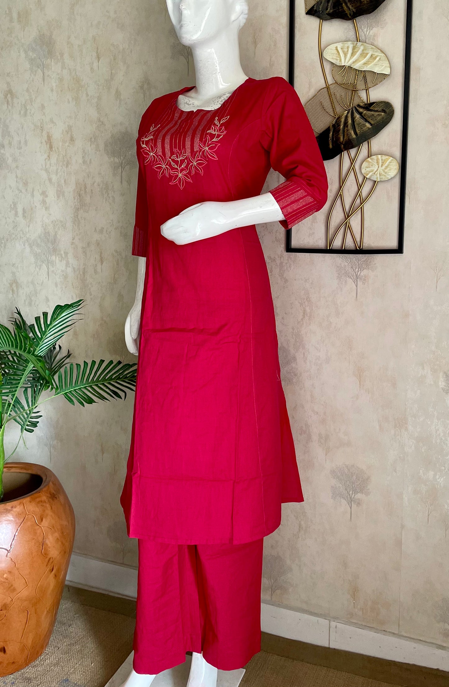Rani Pink Handloom Cotton A-Line Kurta Set