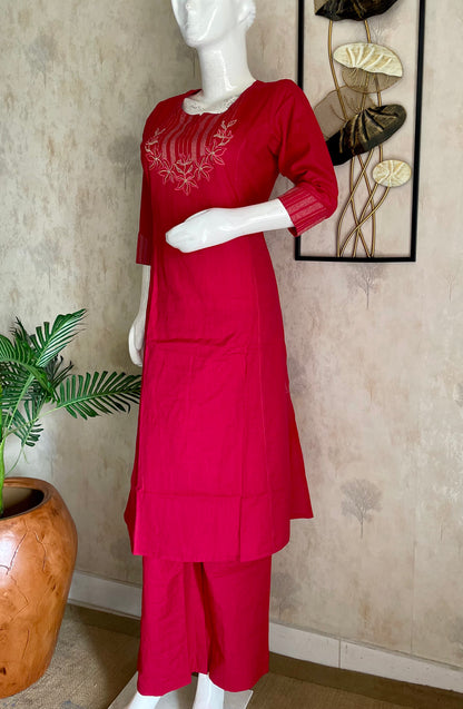 Rani Pink Handloom Cotton A-Line Kurta Set