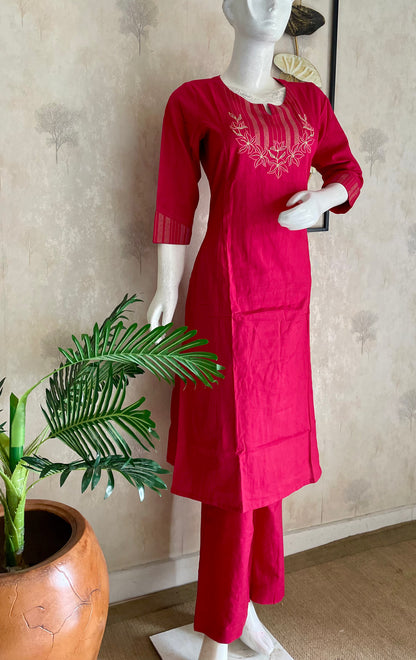 Rani Pink Handloom Cotton A-Line Kurta Set