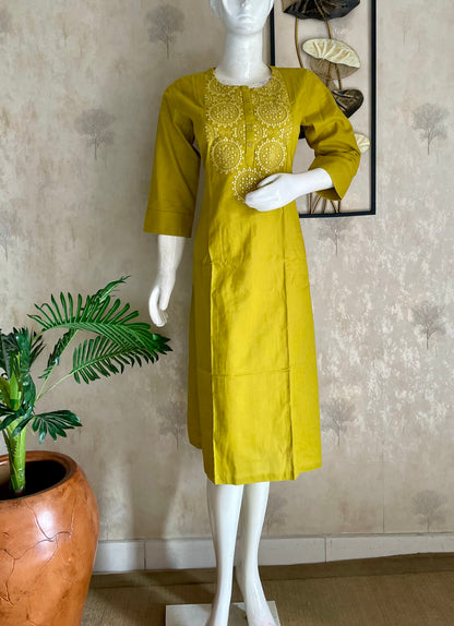 Lime Glow Yellow-Green Handloom Cotton A-Line Kurta