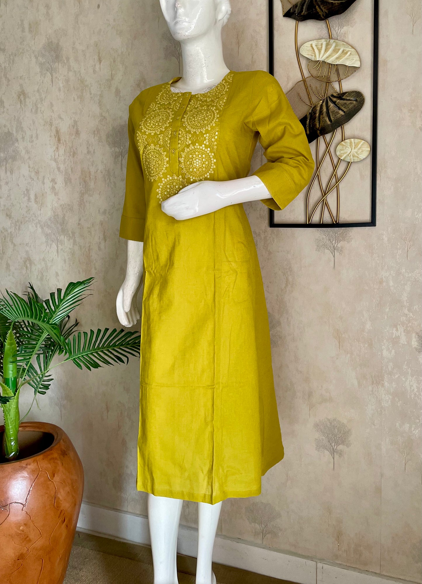 Lime Glow Yellow-Green Handloom Cotton A-Line Kurta