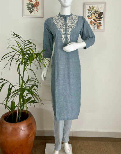 Denim Delight Greyish Blue Handloom Kurta Set