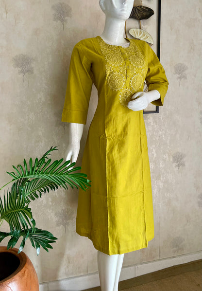 Lime Glow Yellow-Green Handloom Cotton A-Line Kurta