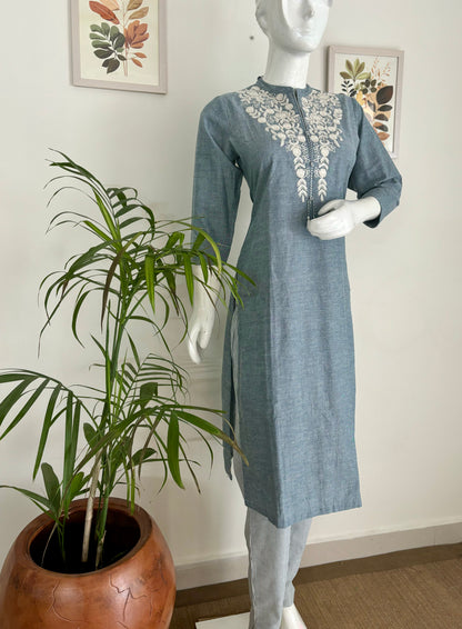 Denim Delight Greyish Blue Handloom Kurta Set