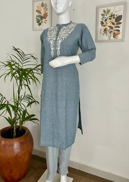 Denim Delight Greyish Blue Handloom Kurta Set