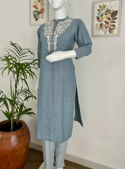 Denim Delight Greyish Blue Handloom Kurta Set