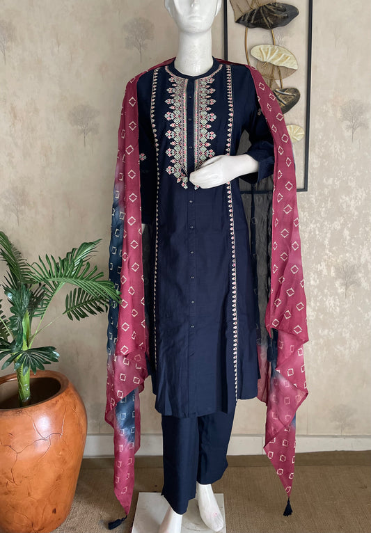 Navy Blue A-Line Handloom Cotton Kurta Set