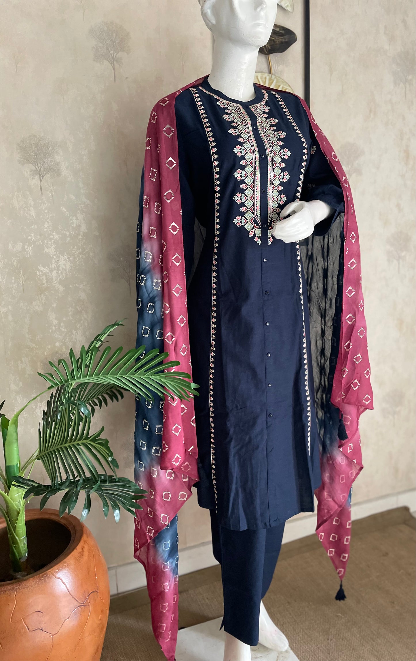 Navy Blue A-Line Handloom Cotton Kurta Set