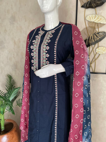 Navy Blue A-Line Handloom Cotton Kurta Set