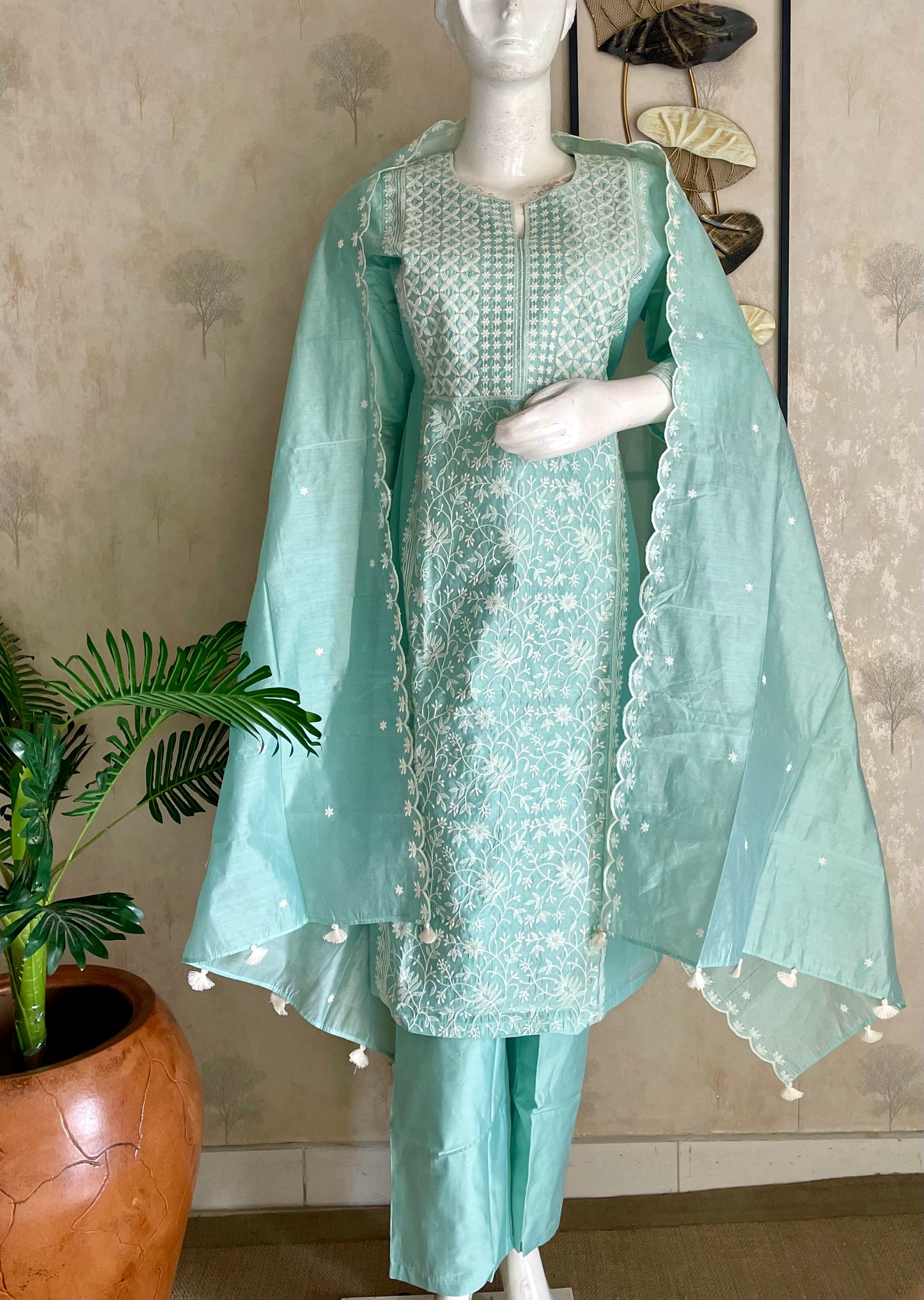 Pastel Green Chanderi Silk Kurta Set with Chikankari Embroidery