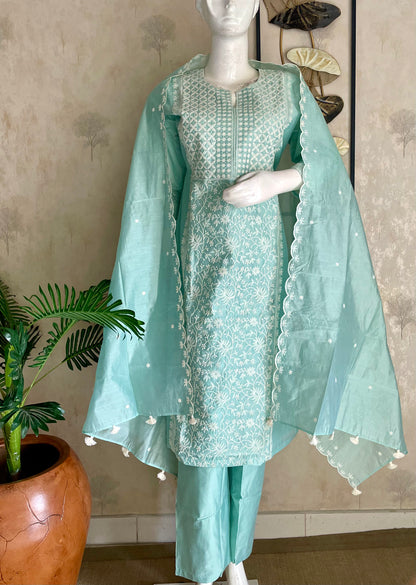 Pastel Green Chanderi Silk Kurta Set with Chikankari Embroidery