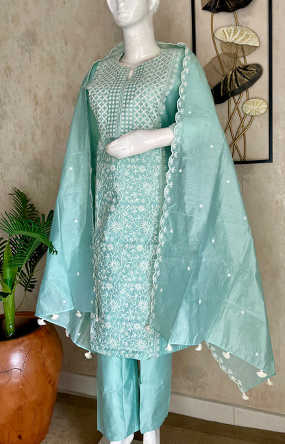 Pastel Green Chanderi Silk Kurta Set with Chikankari Embroidery